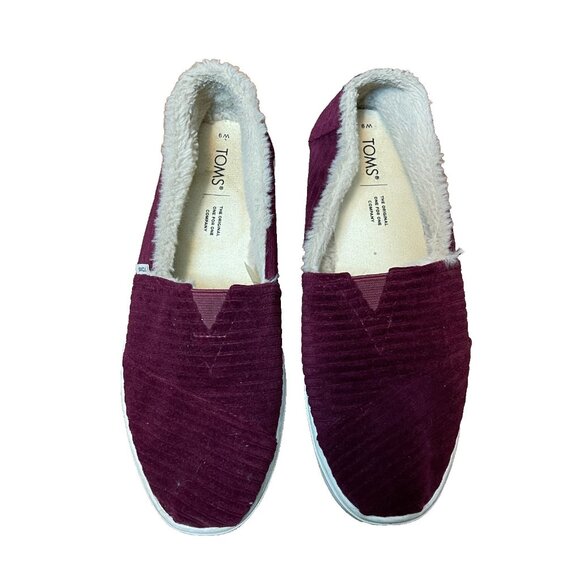 Toms Shoes - TOMS Womens Alpargata Burgundy Red Faux Fur Lined Corduroy Flat Loafer Slip On 9